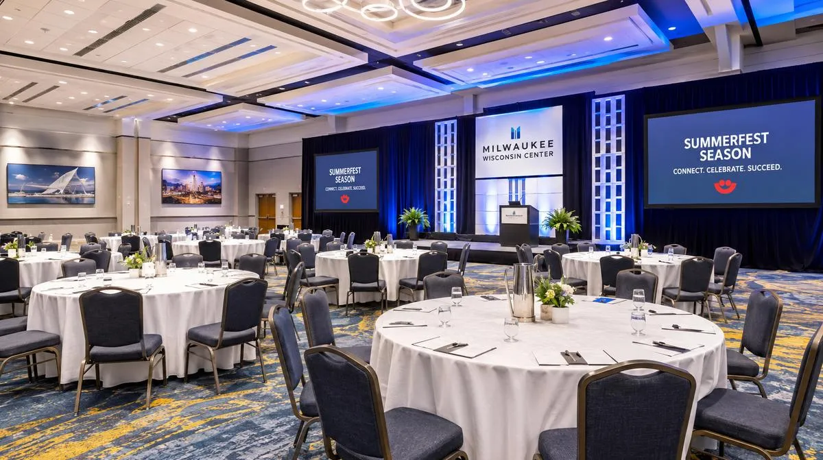 Banquet hall set with Chiavari-style chairs at round tables