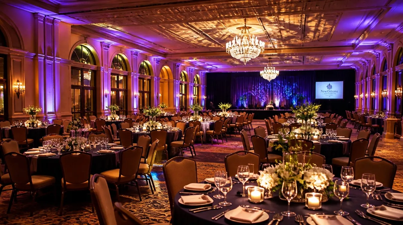 Rectangular banquet tables set for a 100 guest dinner event