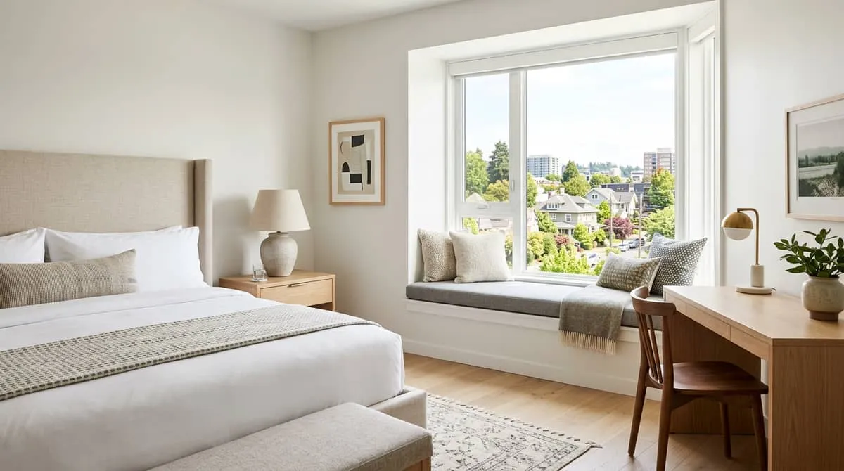 Guestroom casegoods and upholstered headboards for Portland OR boutique hotel design and commercial durability