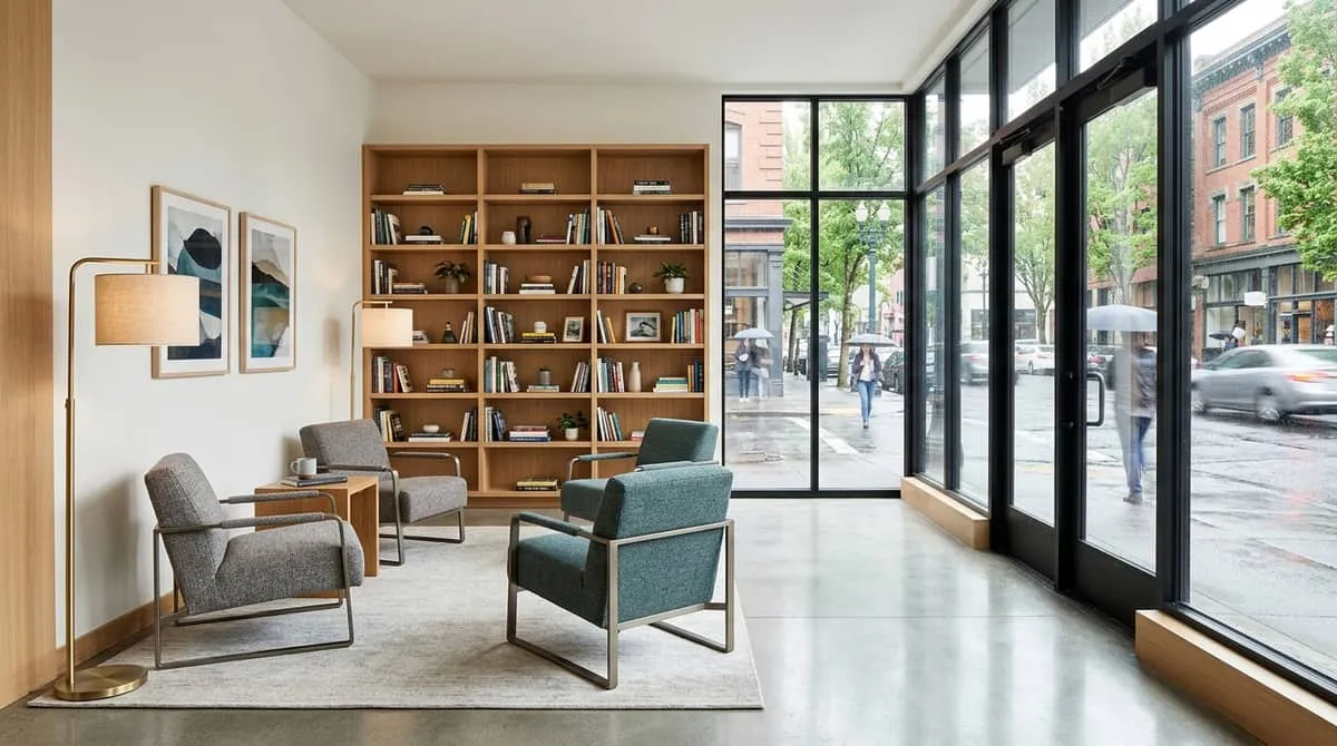Boutique hotel lobby and common area furniture for high-traffic Portland OR neighborhood gathering spaces