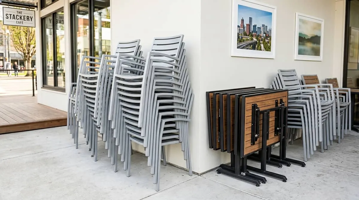 Commercial patio seating configurations for sidewalk café, hotel terrace, and covered outdoor dining in Portland OR hospitality venues