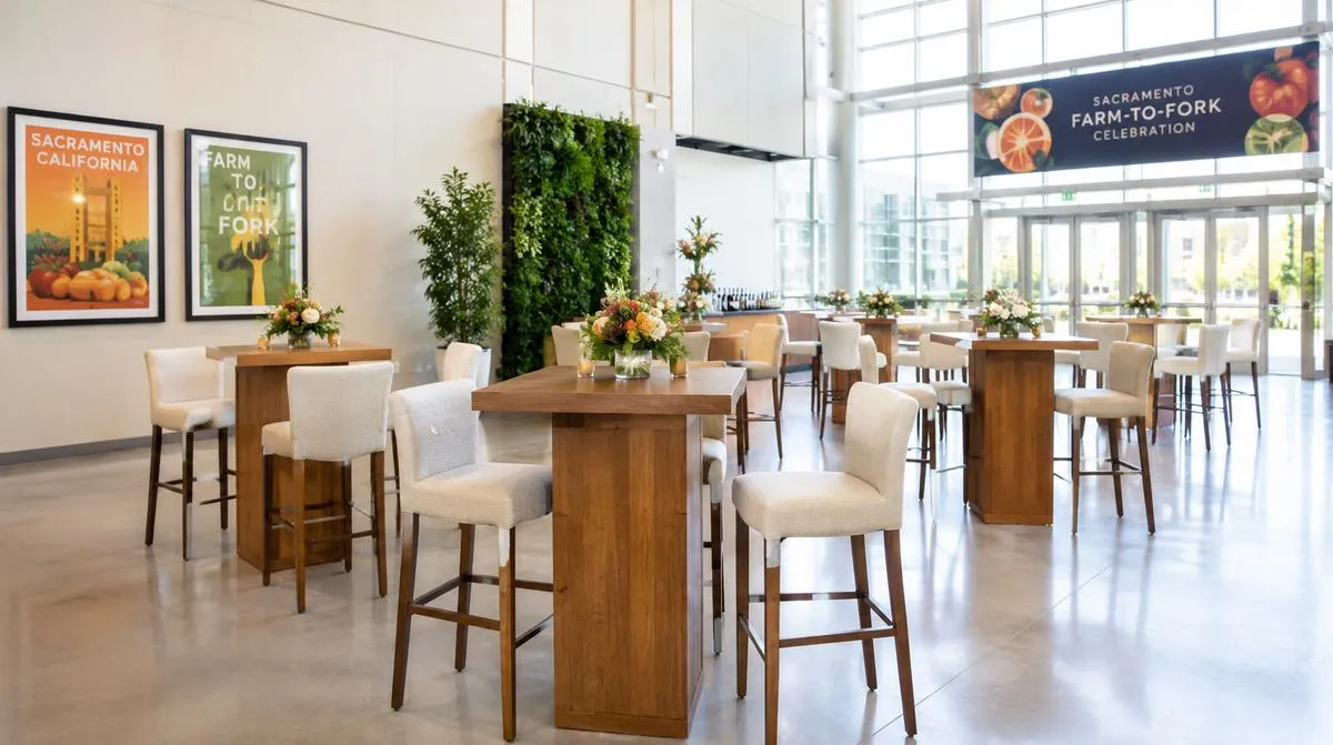 Banquet hall furniture package with round tables and stacking chairs set for a full room event