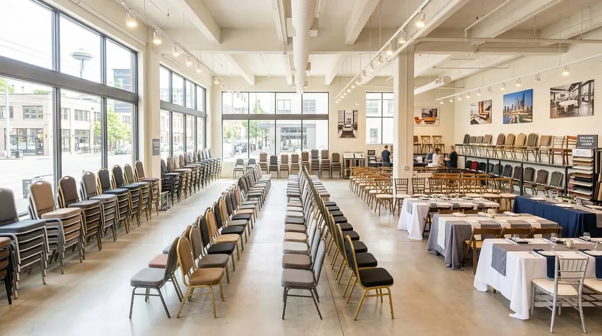 Stacked commercial banquet chairs ready for storage between events