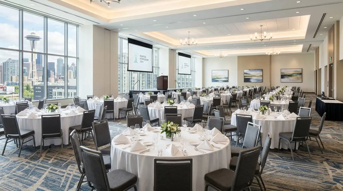 Stackable banquet chairs and folding tables for Washington State Convention Center overflow and Seattle event venues