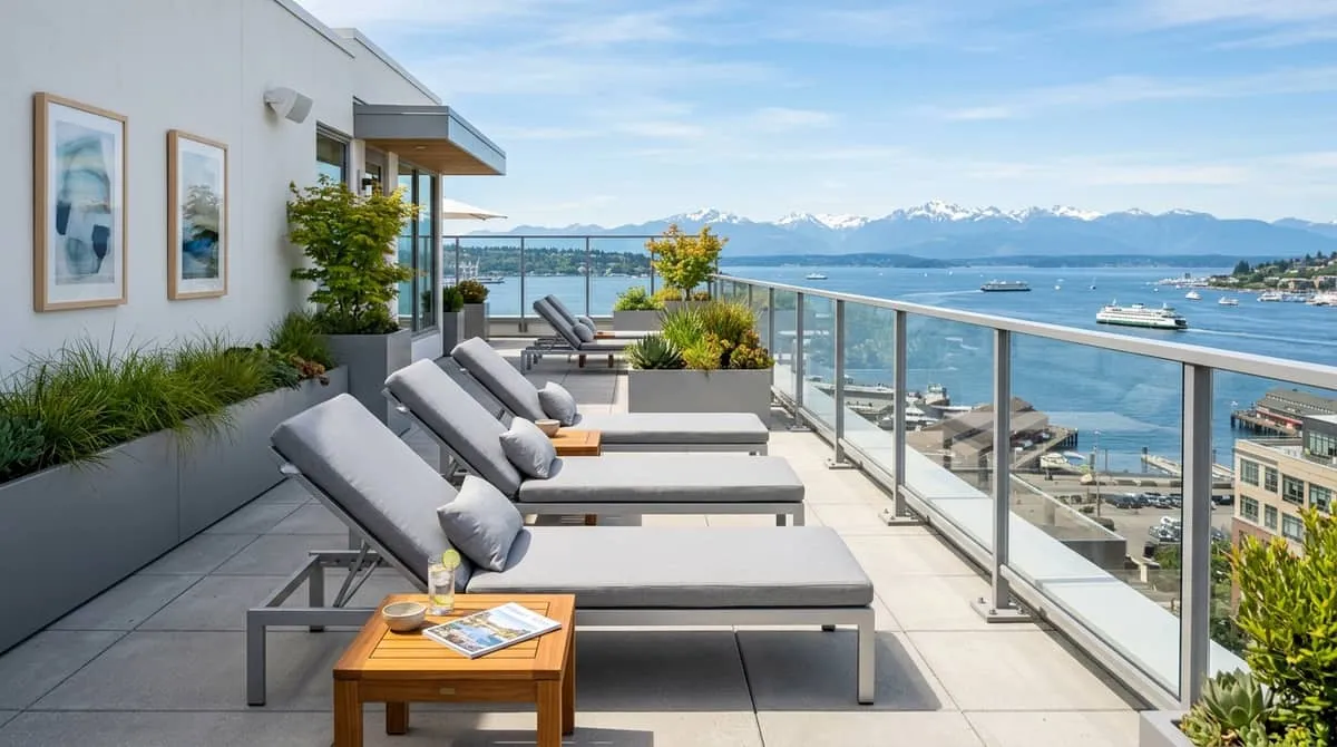 Rooftop bar furniture specifications for wind load, weight restrictions, and view preservation in Seattle