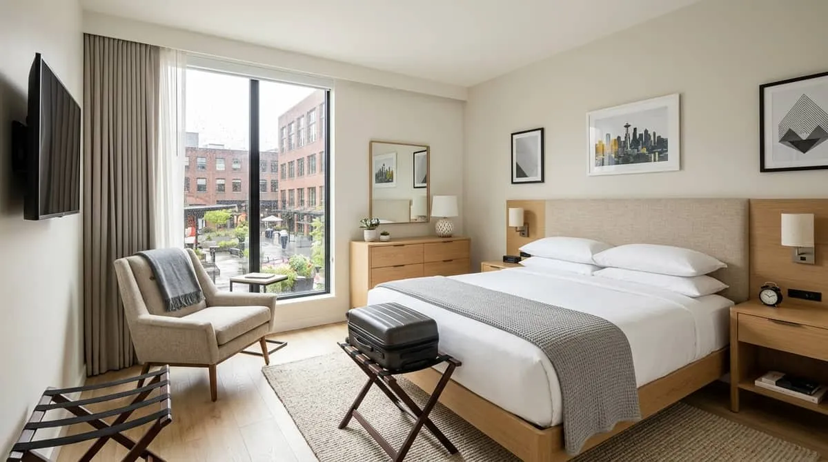 Contract-grade bedroom furniture and case goods for a Pacific Northwest hotel property
