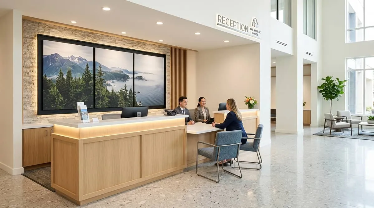 Hotel reception area furniture and front desk configuration for Seattle properties