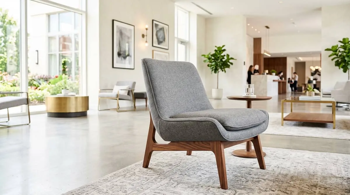 Common area furniture specification for extended Seattle hotel lobby zones including acoustic and power considerations