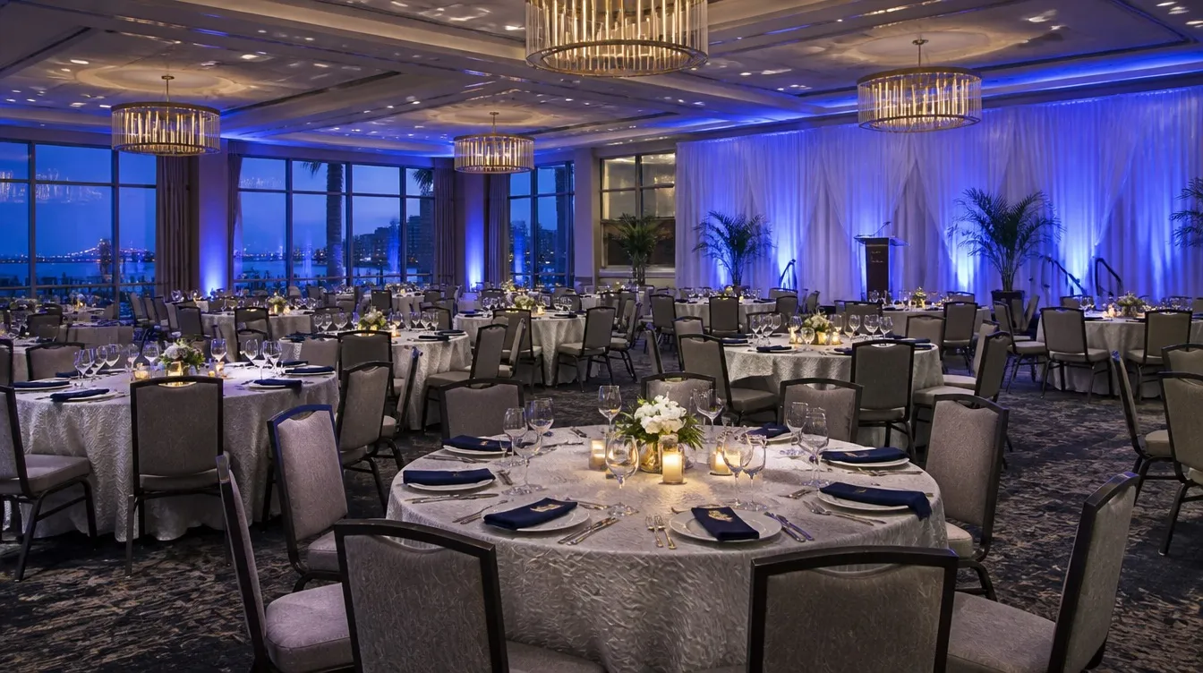 Banquet hall chairs stacked and staged for an event setup