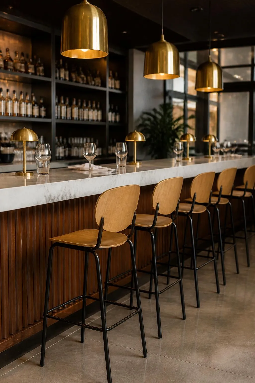 Caesar Barstool at a fine dining bar, curved plywood seat on a slim tubular metal base