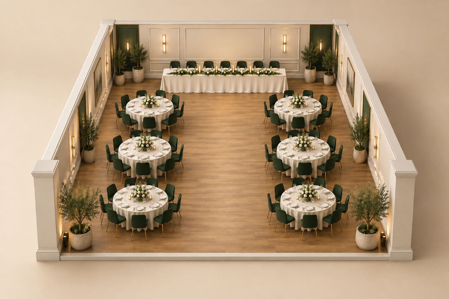 CGI cutaway banquet room with round tables, individual chairs and a central aisle