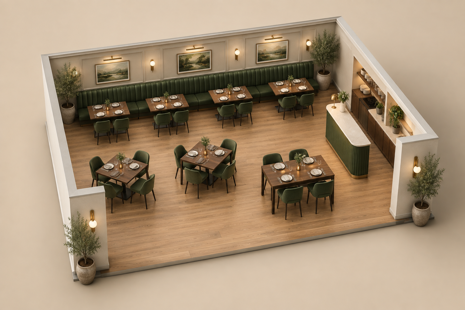 CGI restaurant cutaway with dining tables, green chairs, booths and service aisles